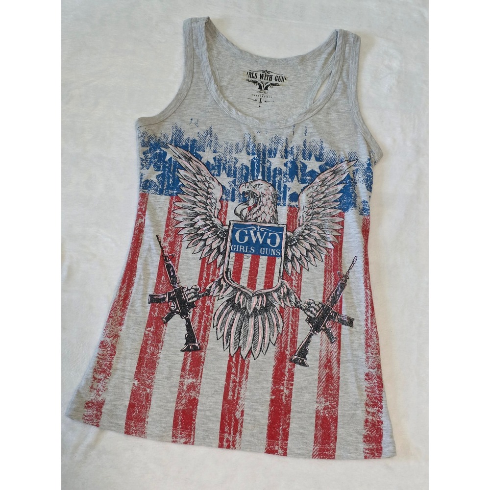 Girls With Guns Patriotic Eagle American Flag Racerback Tank Top Gray Large
